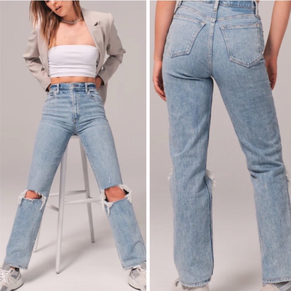 Abercrombie & Fitch The '90s Relaxed High
Rise Light Wash Distressed Jeans 10S